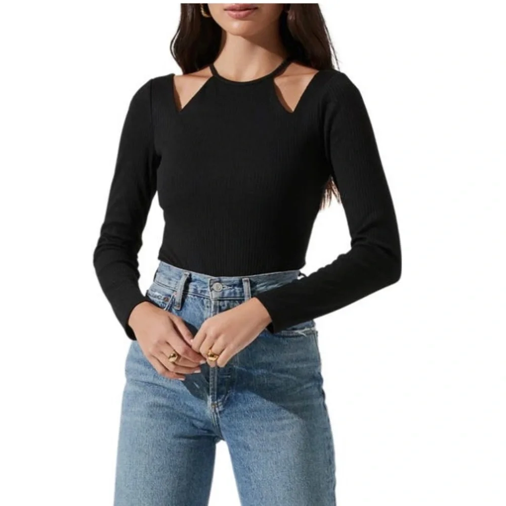 ASTR Halter Neck Cutout Bodysuit Long Sleeve, Black Size S NEW